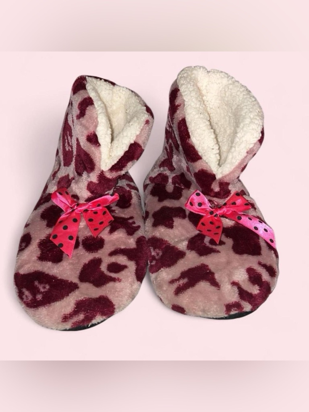 Plush Burgundy Leopard Bootie Slippers with Sherpa Lining